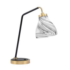Delgado 16.5 in. Matte Black and New Age Brass Desk Lamp with Onyx Swirl Glass