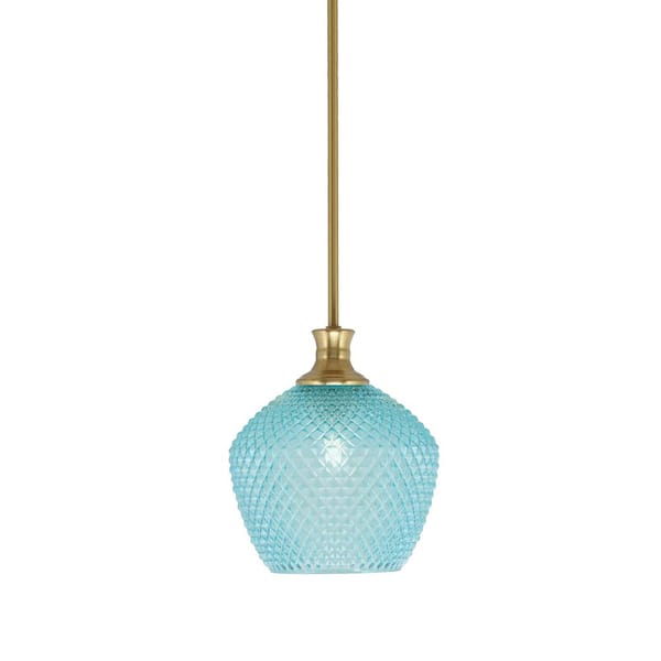 Unbranded Tyler 60-Watt 1-Light New Age Brass Stem Mini Pendant Light with Turquoise Textured Glass Shade