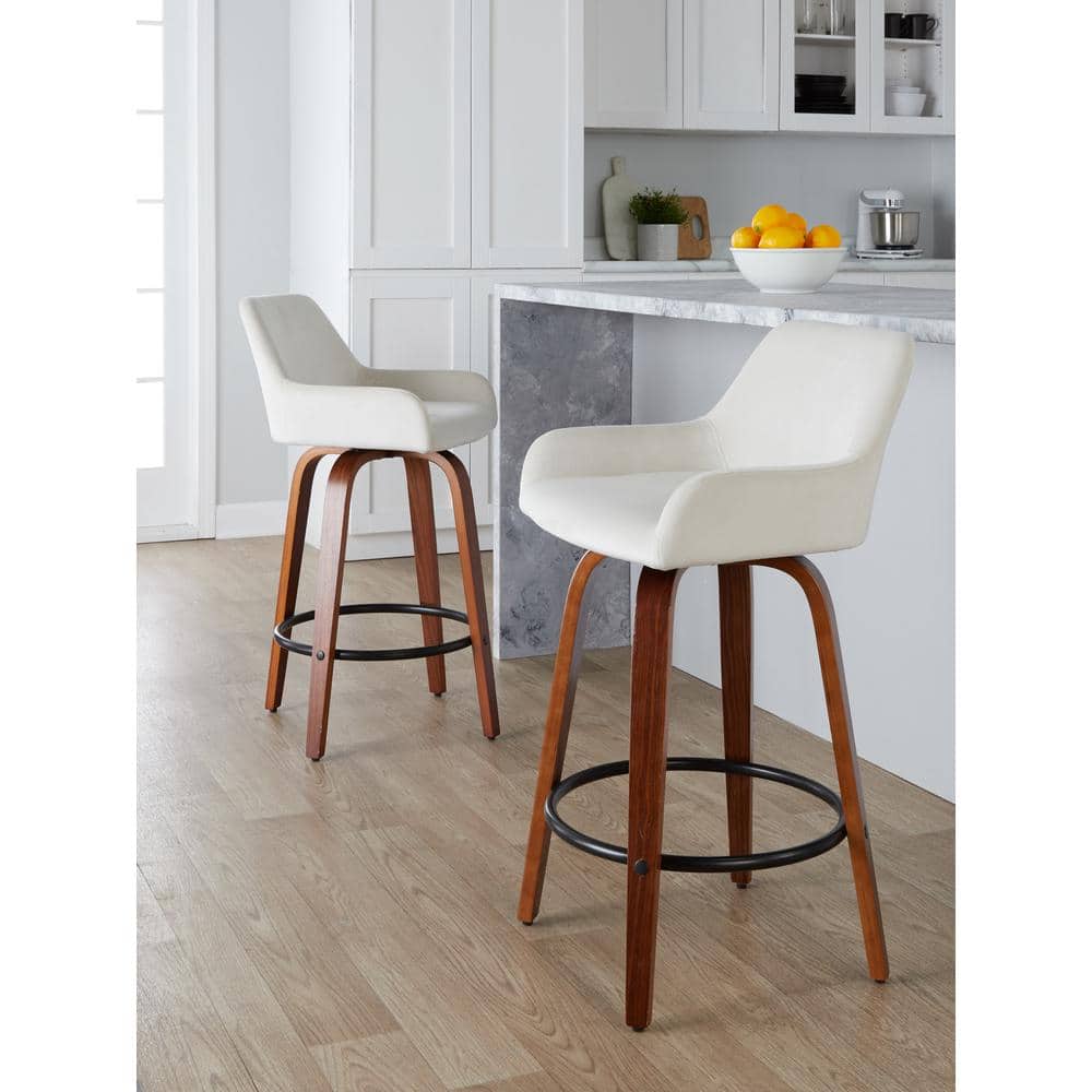 White Upholstered Swivel Counter Stool with Walnut Wood Legs