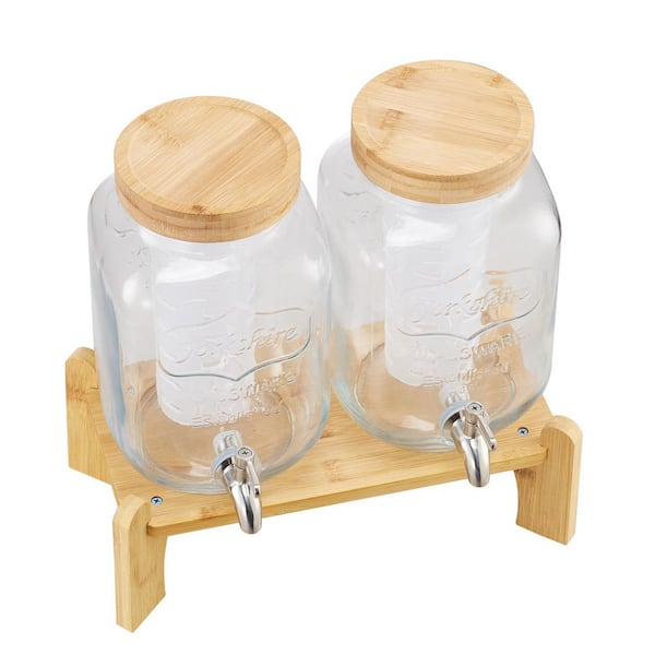 2 Pack 1 Gal. Beverage Dispenser for Parties, Glass with Wood Stand, Stainless Spigot, Infuser, Iced Tea, Lemonade