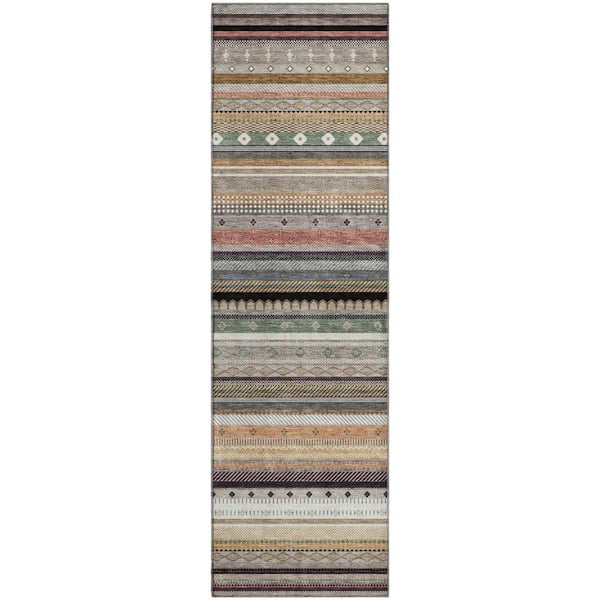 Mayfield Premium Machine Washable Abstract AMF2218 Khaki 2 ft. x 7 ft. Runner Rug
