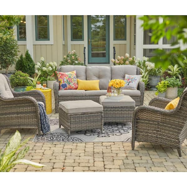 Afoxsos Gray 5-Piece PE Rattan Wicker Patio Outdoor Conversational Seating Sectional Sofa Set with Beige Cushion and Steel Frame