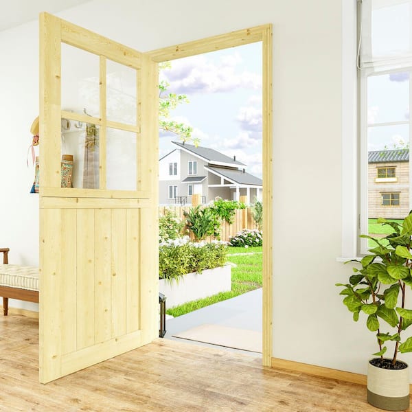 36 in. x 80in. Solid Pine Universal 4-Lite Clear Glass Unfinished Wood Prehung Front Door Dutch with Quick Assemble Jamb