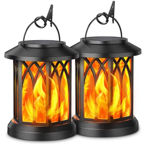 Hanging Solar Lights Lantern Outdoor Flickering Flames Solar Outdoor Lights Garden Stake 2 Pack