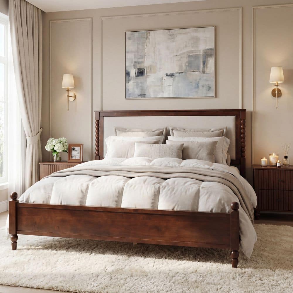 Quillon Farmhouse Brown Wood Frame Queen Size Platform Bed with Upholstered Headboard, Spindle Design
