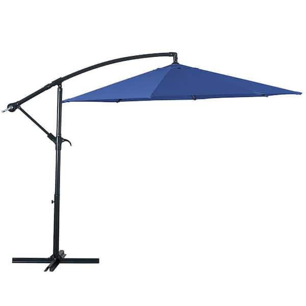 JUSKYS 9ft. Patio Cantilever Umbrella Hanging Market Umbrellas with Crank & Cross Base in Navy Blue