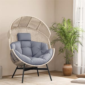Grey Metal Outdoor Lounge Chair with Cushions and Headrest Heavy-Duty Metal Frame