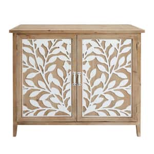 Brown Wooden Storage Cabinet with 2-Doors and Floral Mirror Trim