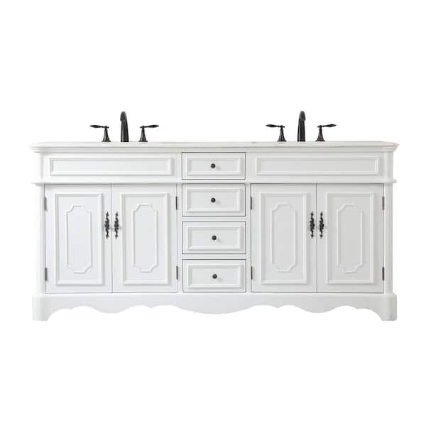 Unbranded Simply Living 72 in. W x 21.5 in. D x 35 in. H Bath Vanity in Antique White with White Marble Top