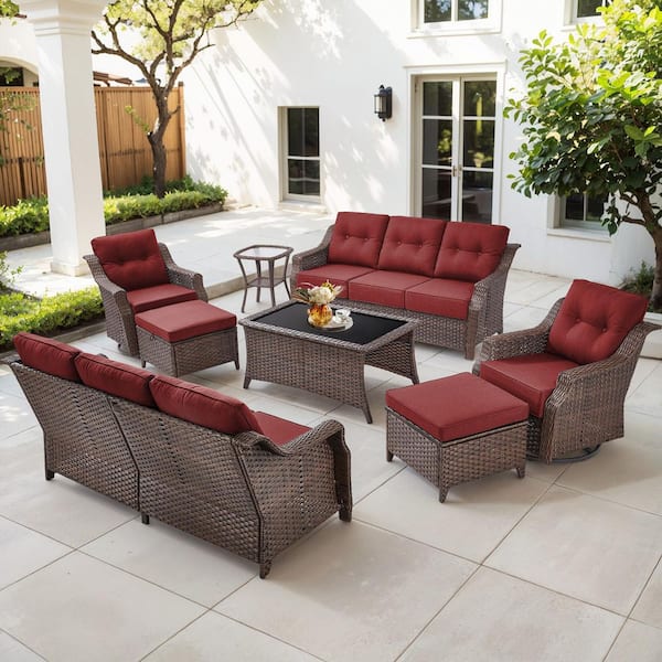 8-Piece Contemporary Brown Wicker Outdoor Swivel Rocking Chair Set with CushionGuard Red Cushions