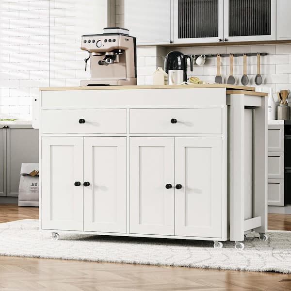 Rolling White Wood Extendable Tabletop 74.5 in. Kitchen Island Cart with Drawers and 4-Door Cabinet