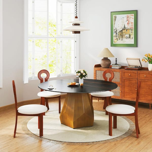 Magic Home 53 in. Black Circular Sintered Stone Tabletop Bronze Pedestal Base Kitchen Dining Table (Seats-6)