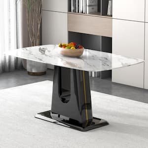 63 in. Modern Rectangular Marble Dining Table for 6-8 with White Imitation Marble Tabletop and U-Shape Legs