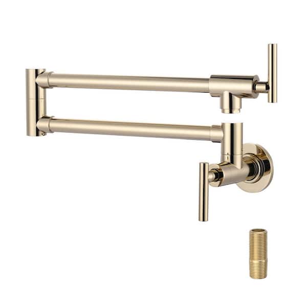 Wall Mounted Pot Filler 2-Handles Kitchen Faucet with 360° Spout Swivel in Polished Brass