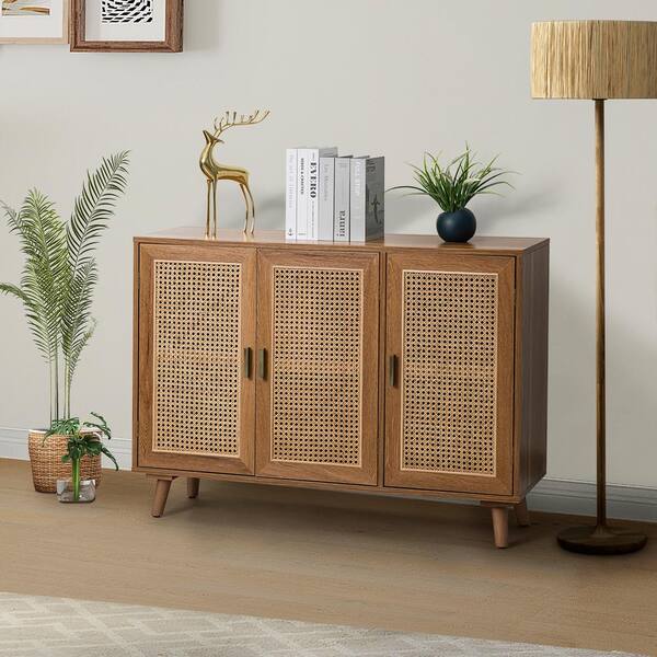 JAYDEN CREATION Ezio 3-Door Walnut Rattan Accent Cabinet with ...