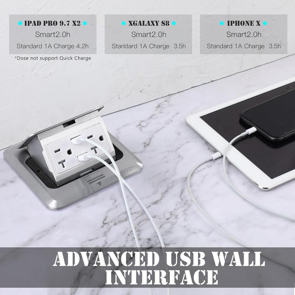 Silver 20A Tamper Resistant Pop-Up Floor Outlet Kit with USB Ports