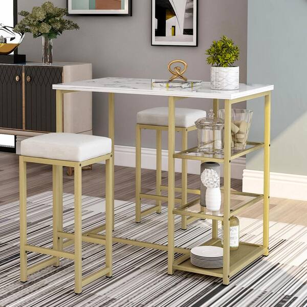 Harper & Bright Designs 36 in. Gold Modern Pub Set with PU Bar Stools (3-Piece)