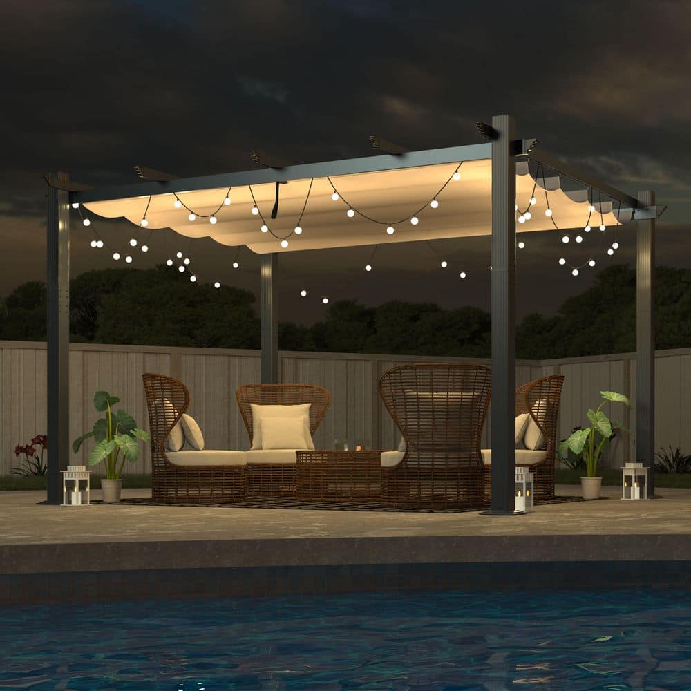 10x10 Beige Aluminum Patio Pergola with Retractable Canopy