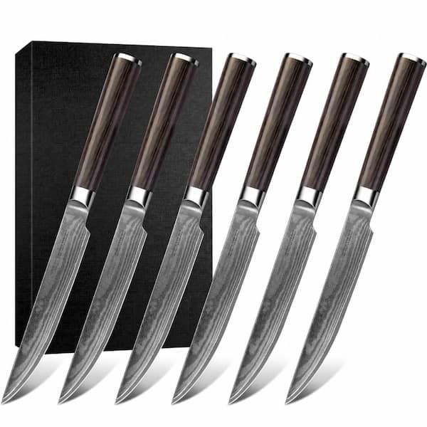 5.5 in. Japanese VG10 Core 66-Layer Damascus Steel Straight Edge Steak Knife Set with Pakka Wood Handle