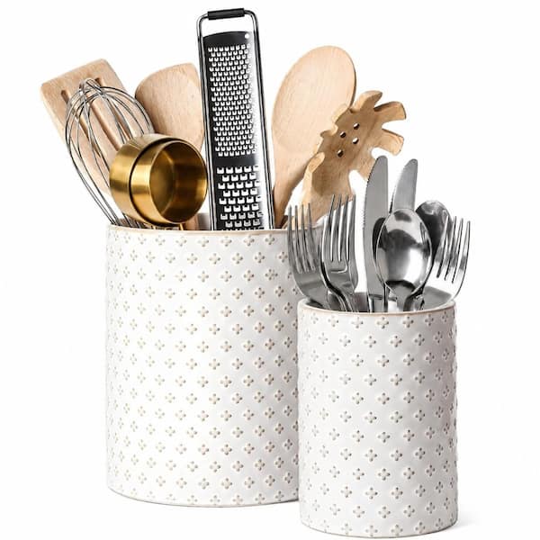 Arctic White Ceramic Utensil Holder Set of 2 with Embossed Design for Countertop Storage
