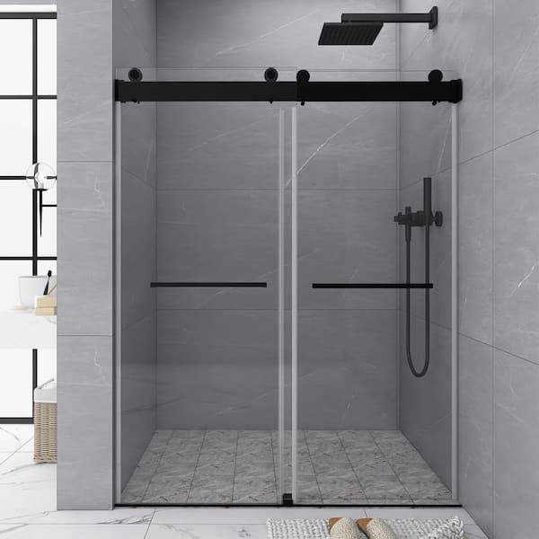 JimsMaison 48 in. W x 76 in. H Sliding Frameless Shower Door in Matte Black with Clear Tempered Glass