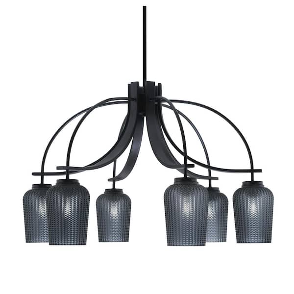 Unbranded Olympia 19 in. 6-Light Matte Black Downlight Chandelier Smoke Textured Glass Shade
