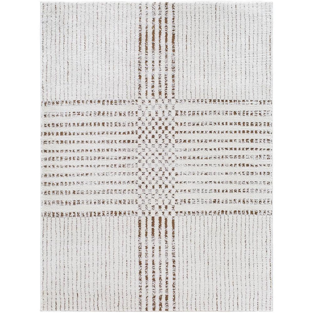 Ivory and Dark Brown Geometric Polyester Area Rug, 6'7" x 9'