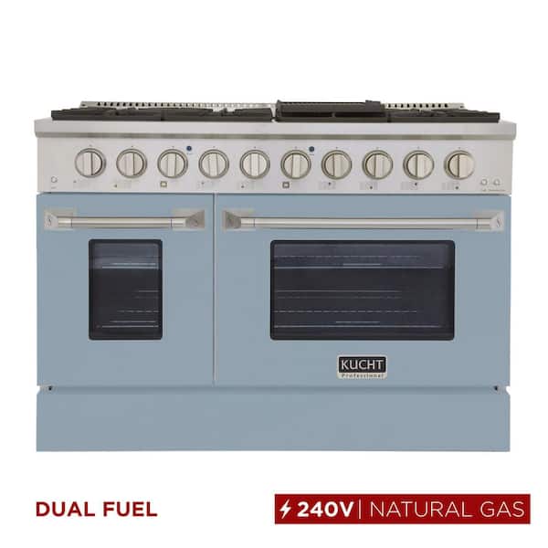 48 in. 6.7 cu. ft. 8-Burners Double Oven Dual Fuel Range Natural Gas in Stainless Steel and Light Blue Oven Doors