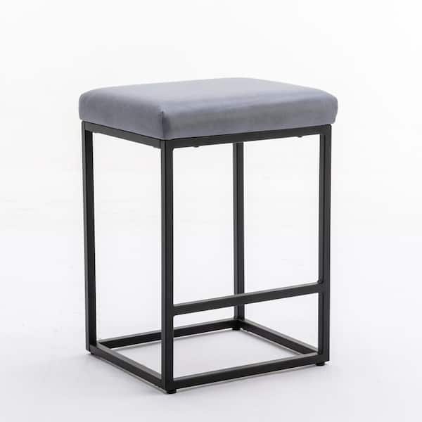 ATHMILE 24 in. H Blue Backless Faux Leather Upholstered Metal Frame Bar Stools (Set of 2)