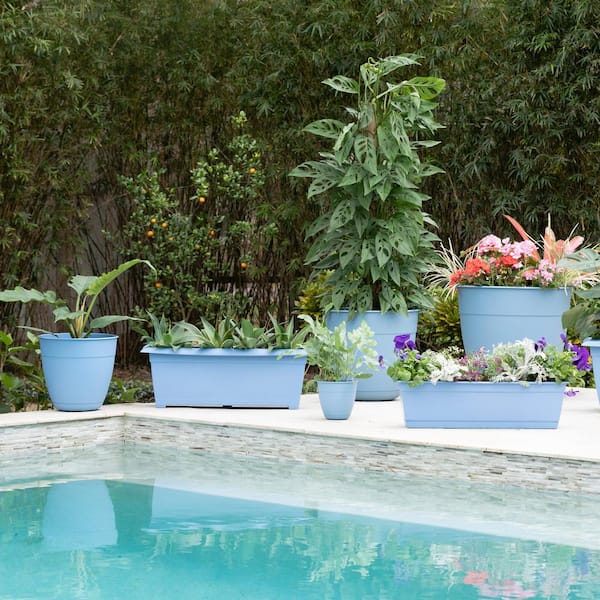 Dayton 27 in. Plastic Large Window Deck Box Planter, Blue