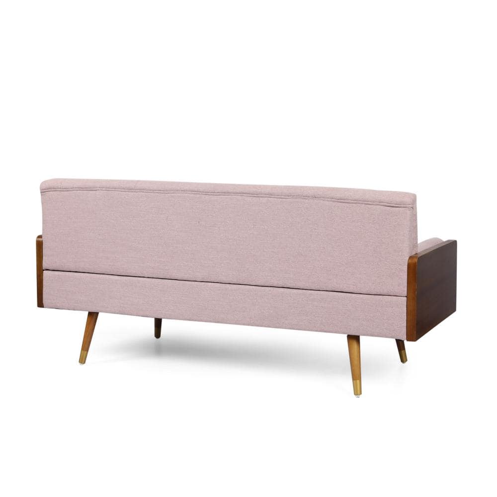 Light Blush Tufted Fabric Sofa with Walnut Wood Frame
