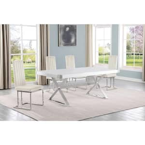 Miguel 5-Piece Rectangle White Wood Top Silver Stainless Steel Dining Set with 4 Cream Velvet Chairs
