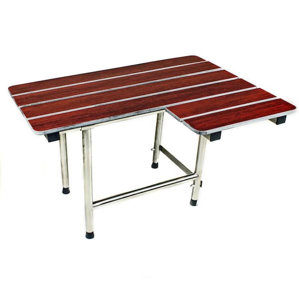 CSI Bathware 34 in W x 21 in D Left Hand L-Shaped Wood Grain Phenolic Slatted Folding Shower Seat with Swing Down Legs