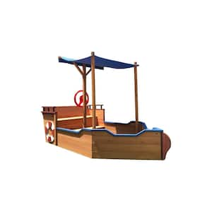 Pirate Ship Wooden Sandbox with Cover and Rudder Outdoor Toy for Kids Ages 3-Years to 8-Years Old