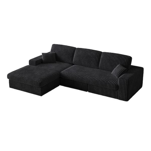 Hoyle 114.5 in. Convertible Corduroy Modular Compression Sectional Sofa in Black with Reversible Chaise Lounge, Pillows