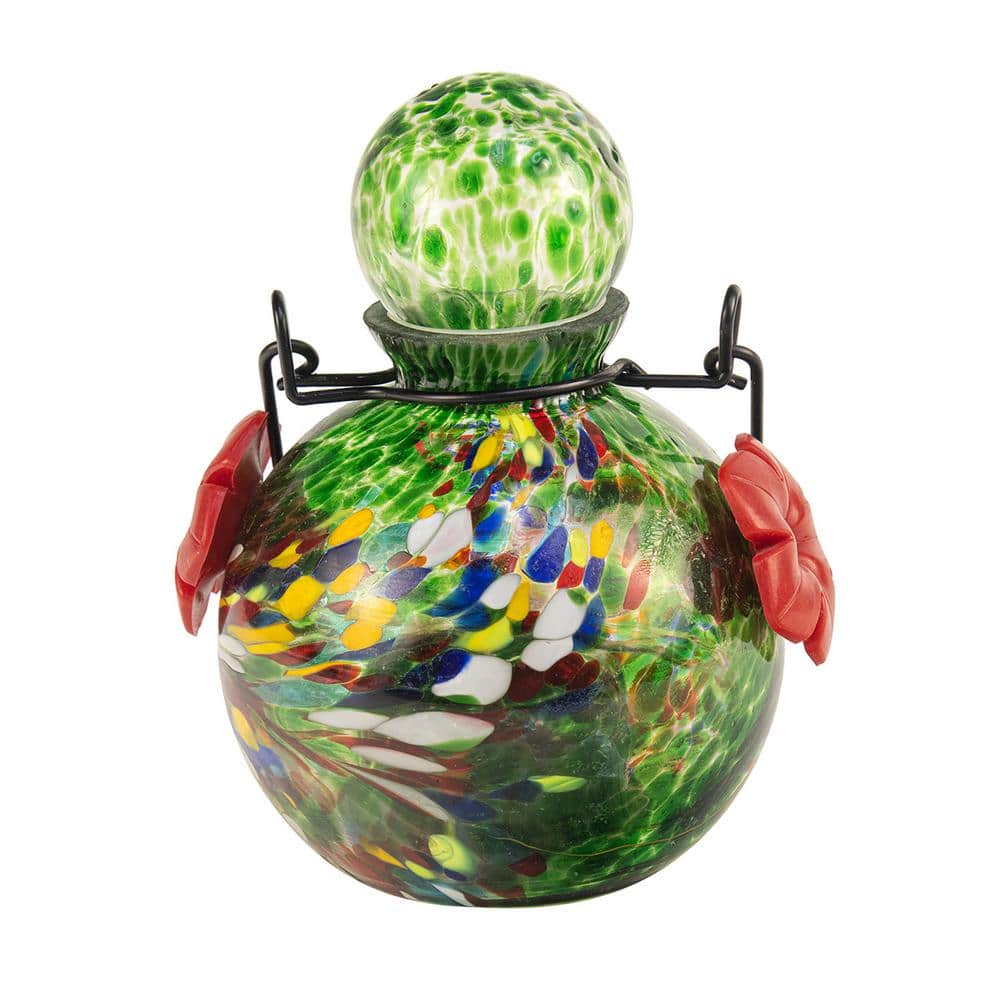 Green Hand-Blown Glass Hanging Hummingbird Feeder with Solar LED