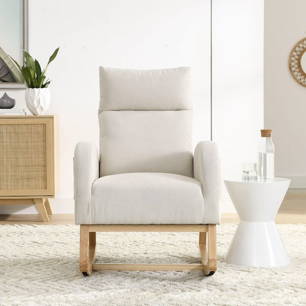 27.6 in. Beige Teddy Fabric Rocking Chair with High Backrest and Side Pockets and Wood Legs for Living Room, Bedroom