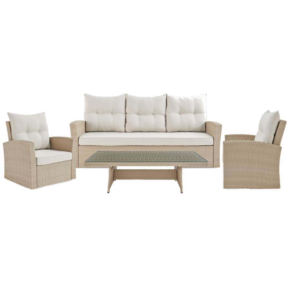 Canaan Beige 4-Piece All-Weather Wicker Patio Conversation Deep-Seating Set with Cream Cushions price history on PriceWatchPro
