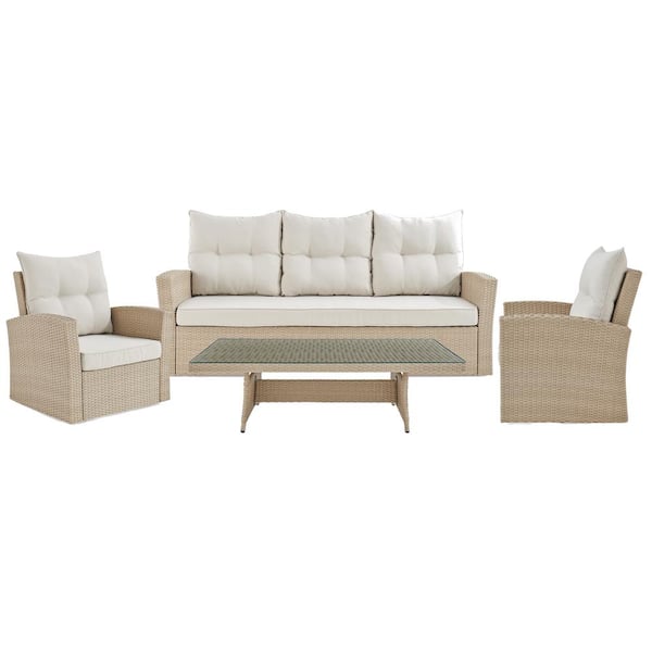 Pure Garden Canaan Beige 4-Piece All-Weather Wicker Patio Conversation Deep-Seating Set with Cream Cushions
