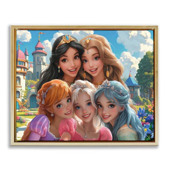 Stupell Industries Princess Selfie by Castle by Image World Gold Floater Frame People Graphic Art Print 17 in. x 21 in.