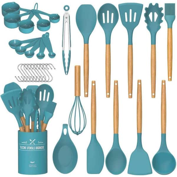 33Pcs Non-stick Silicone Cooking Utensils Set-Dark Blue with Holder