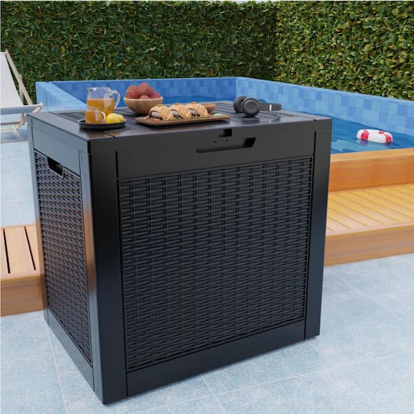 30 Gal. Resin Outdoor Deck Box with Lockable Lid Porch Storage Box Bench for Cushions, Throw Pillows in Black