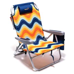 Outdoor Metal Frame Orange Wave Folding Adjustable Beach Chair Lounge Chair with Side Pocket Set of 2