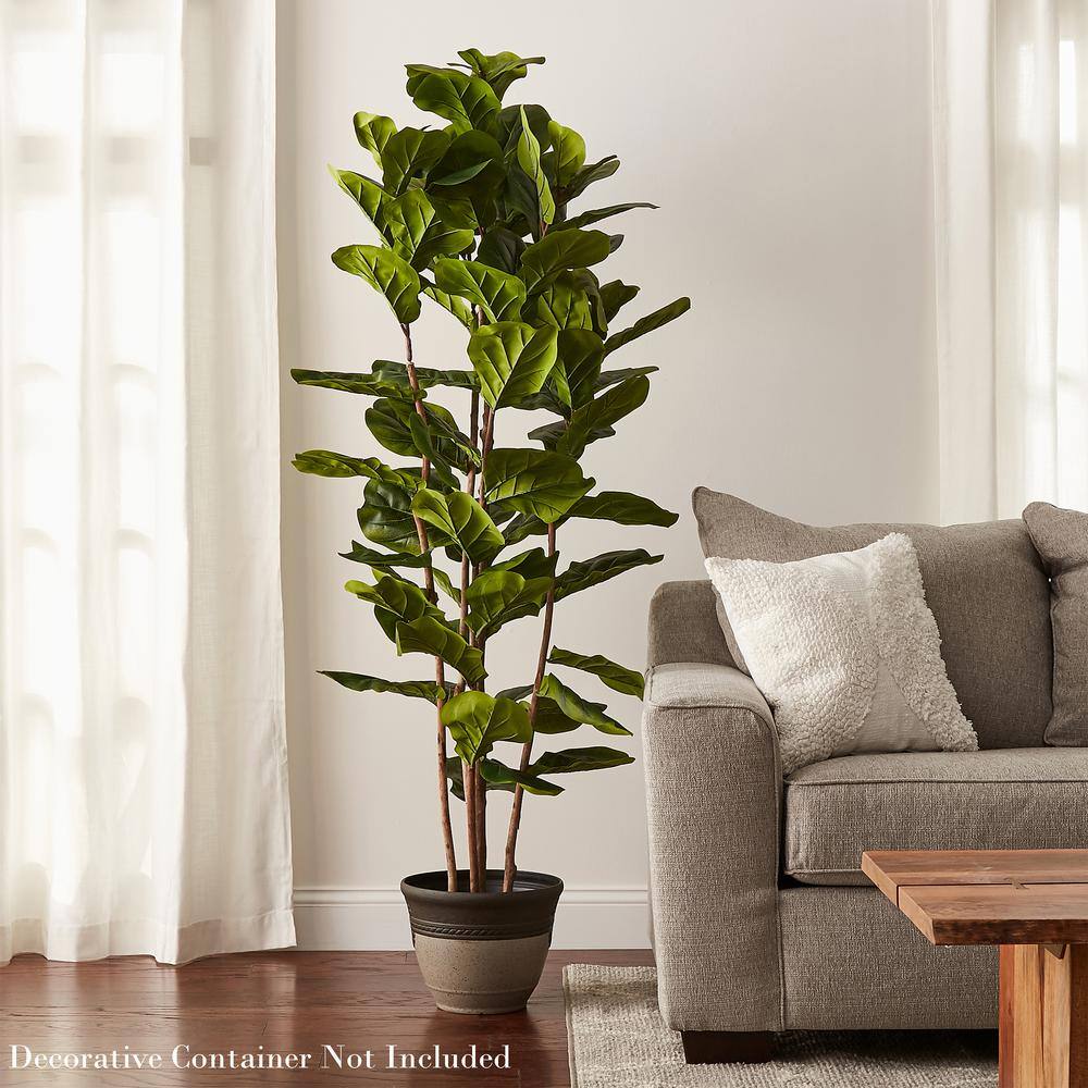 Lush Green 72" Fiddle Leaf Fig Topiary with Lights in Black Plastic Pot