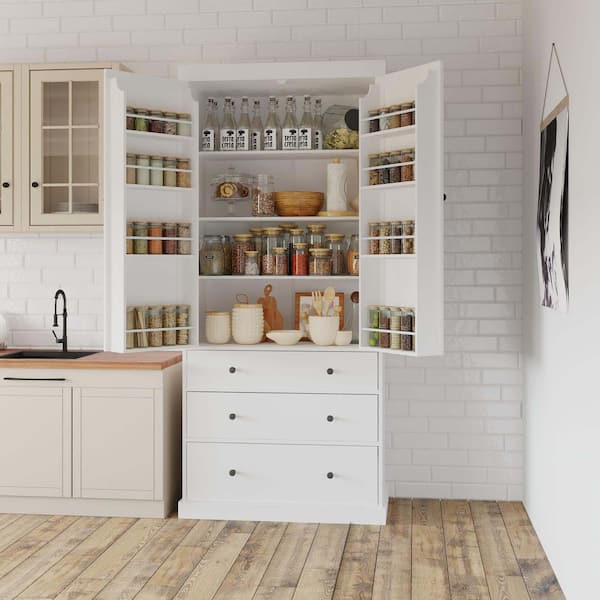 XUJMK 35 in. W x 18 in. D x 77 in. H White Linen Cabinet, Farmhouse Kitchen Pantry, Freestanding Tall Cupboard Storage Cabinet