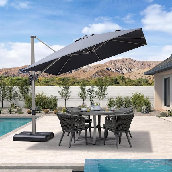 PURPLE LEAF 9 ft. Square Outdoor Patio Cantilever Umbrella Light Champagne Aluminum Offset 360° Rotation Umbrella in Gray