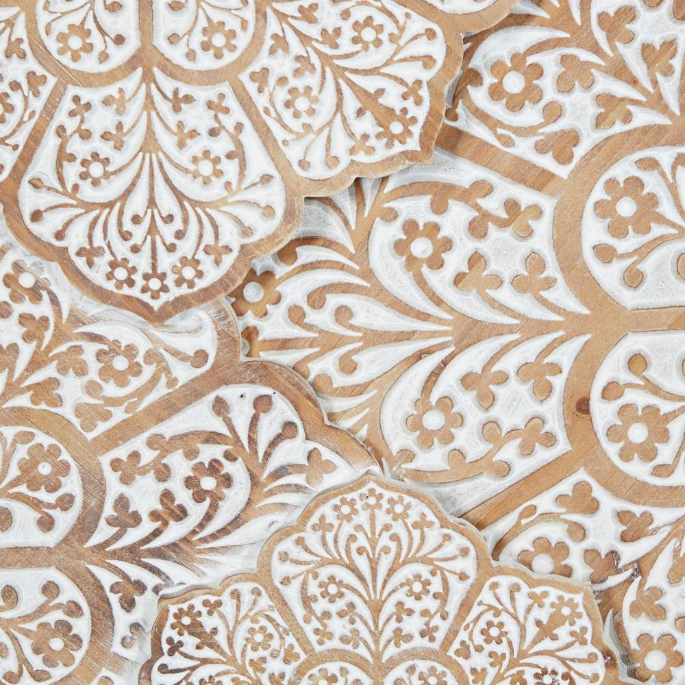White and Natural Wood Intricately Carved Floral Wall Decor