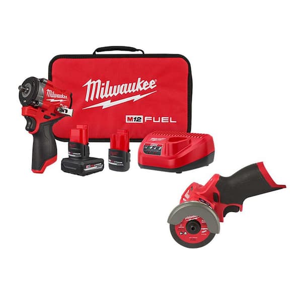 M12 FUEL 12V Li-Ion Brushless Cordless Stubby 3/8 in. Impact Wrench Kit with Cut Off Saw, (2)5.0Ah & (1)2.5 Ah Batteries