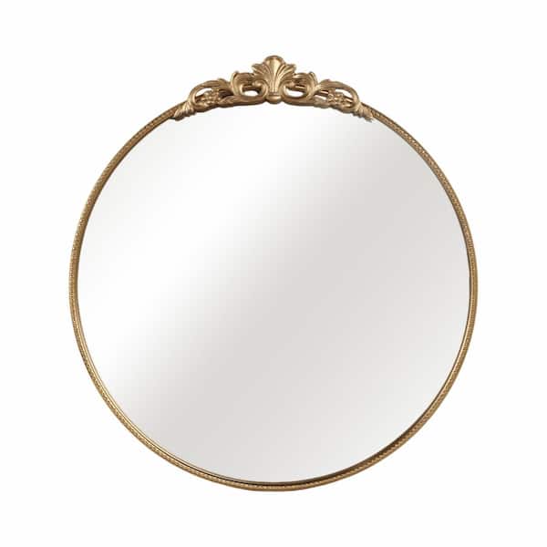 Gold 36 in. W x 38 in. H Modern Fleur Applique Round Metal Framed Mirror