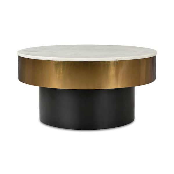 NADAAL STUDIOS Koa 31.5 in. Round White Marble Coffee Table with Brass Rim and Metal Base